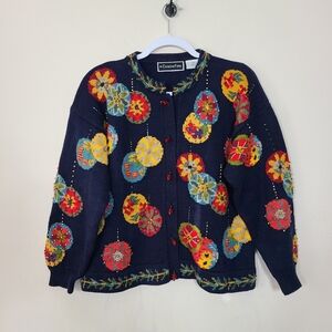 Vintage Embroidered Christmas Womens 1/M Cardigan Blue Colorful Ornaments Beaded